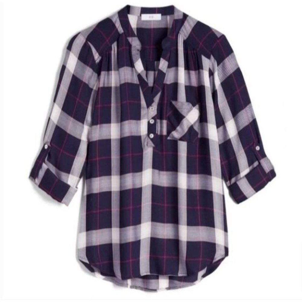 NSR Blue Pink Plaid 3/4 Sleeve Partial Button Down Popover Casual Top Size S - Picture 7 of 7